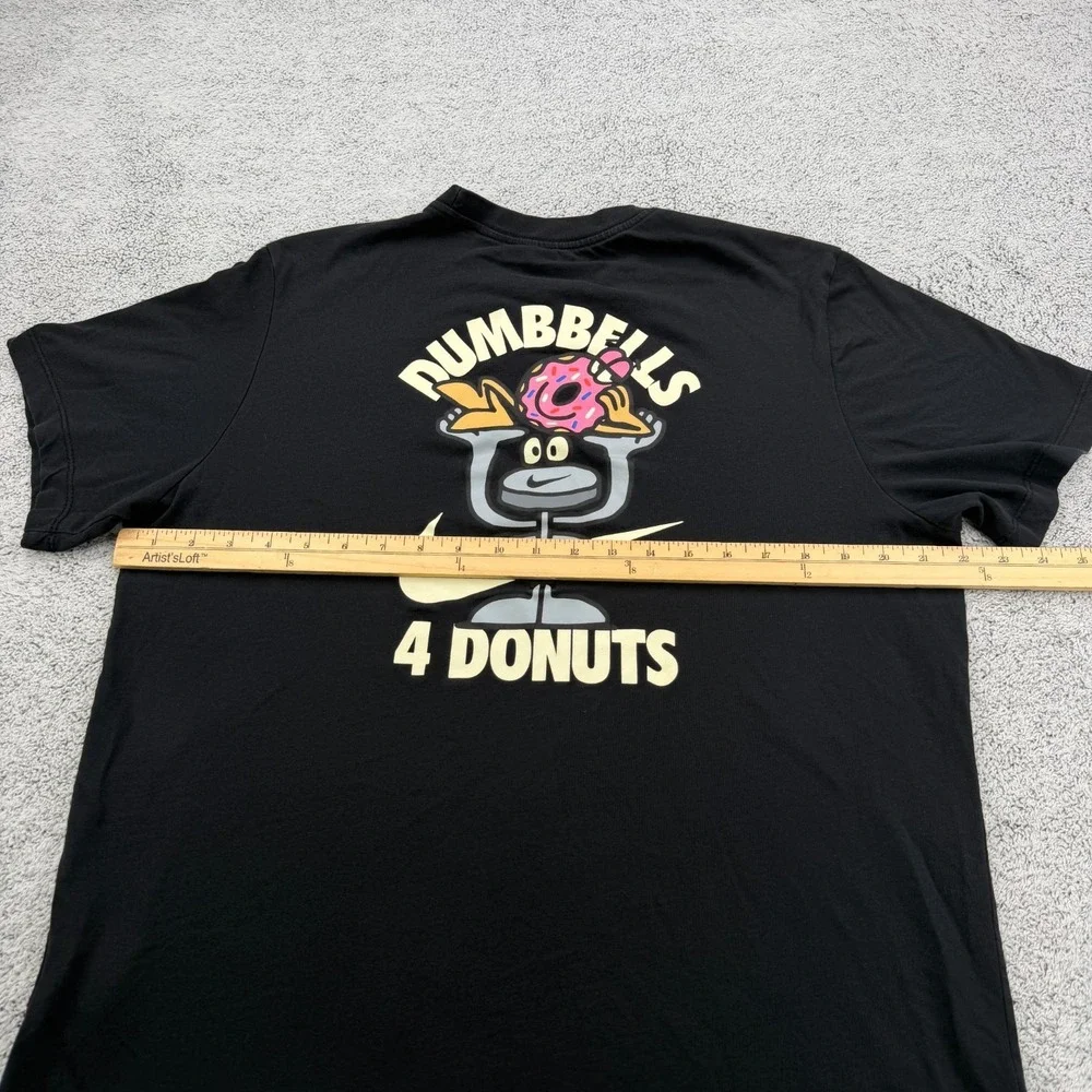 Nike Shirt Men Large Black Graphic Dumbells 4 Donuts Swoosh Gym Crew Dri Fit Tee
